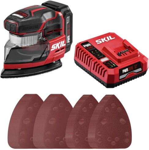 SKIL PWR CORE 12 Brushless 12V Compact Detail Sander Kit with Up to 12,000 OPM Includes 40pc Sandpaper(80/120/180/240 grits), Dust Box, 2.0Ah Battery and Charger - SR6608A-10,Red in Kuwait