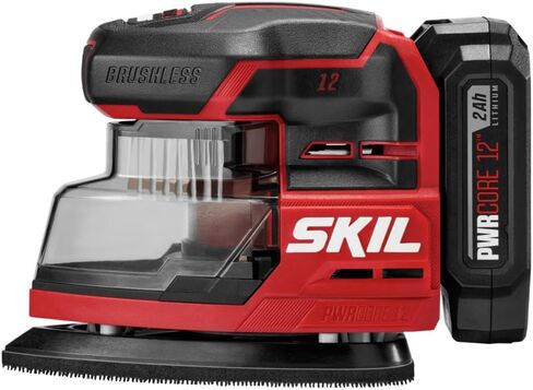 SKIL PWR CORE 12 Brushless 12V Compact Detail Sander Kit with Up to 12,000 OPM Includes 40pc Sandpaper(80/120/180/240 grits), Dust Box, 2.0Ah Battery and Charger - SR6608A-10,Red in Kuwait