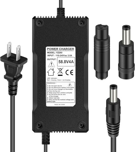 SOLEILLUNE 58.8V 4A شاحن بطارية أسرع شحن محول التيار الكهربائي لحزمة بطارية ليثيوم أيون 48V 50V 51.8V 52V 14S مع 3 مقابس (5.5x2.1mm / 5.5x2.5mm DC / GX12 3-Prong Female Inline Tips) in Kuwait