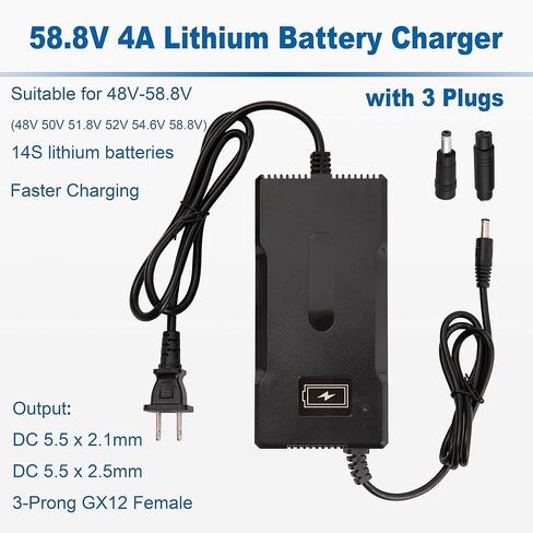 SOLEILLUNE 58.8V 4A شاحن بطارية أسرع شحن محول التيار الكهربائي لحزمة بطارية ليثيوم أيون 48V 50V 51.8V 52V 14S مع 3 مقابس (5.5x2.1mm / 5.5x2.5mm DC / GX12 3-Prong Female Inline Tips) in Kuwait
