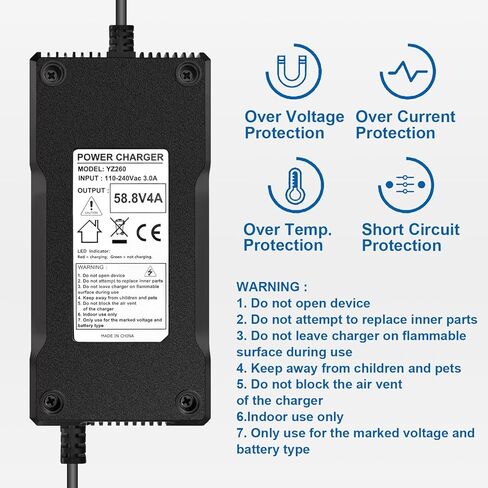 SOLEILLUNE 58.8V 4A شاحن بطارية أسرع شحن محول التيار الكهربائي لحزمة بطارية ليثيوم أيون 48V 50V 51.8V 52V 14S مع 3 مقابس (5.5x2.1mm / 5.5x2.5mm DC / GX12 3-Prong Female Inline Tips) in Kuwait