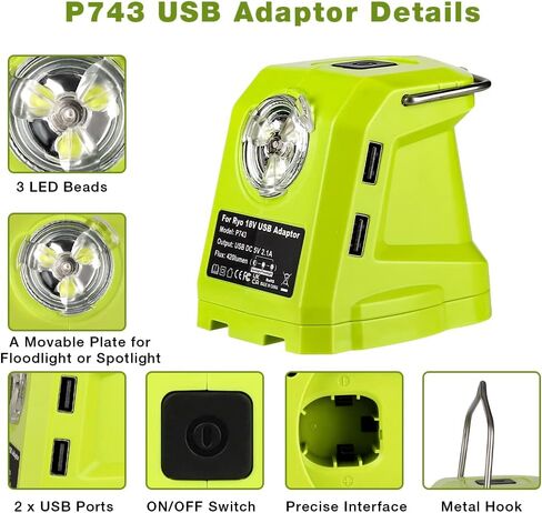 محول بطارية USB P743 مصدر طاقة محمول مع ضوء عمل LED 420LM مع خطاف، شاحن هاتف USB مزدوج، محول USB متعدد الوظائف متوافق مع Ryobi 18V One+ بطارية ليثيوم أيون P107 P108 in Kuwait