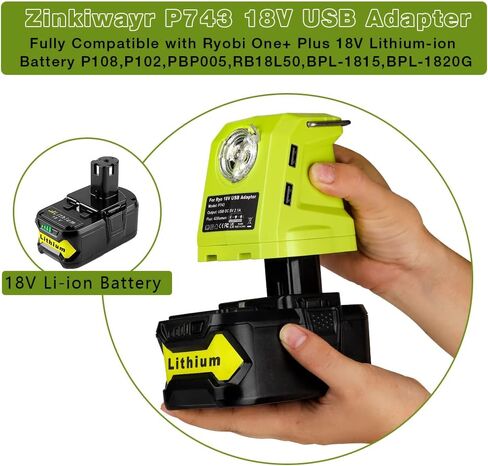 محول بطارية USB P743 مصدر طاقة محمول مع ضوء عمل LED 420LM مع خطاف، شاحن هاتف USB مزدوج، محول USB متعدد الوظائف متوافق مع Ryobi 18V One+ بطارية ليثيوم أيون P107 P108 in Kuwait