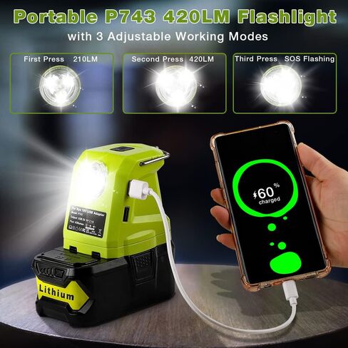 محول بطارية USB P743 مصدر طاقة محمول مع ضوء عمل LED 420LM مع خطاف، شاحن هاتف USB مزدوج، محول USB متعدد الوظائف متوافق مع Ryobi 18V One+ بطارية ليثيوم أيون P107 P108 in Kuwait