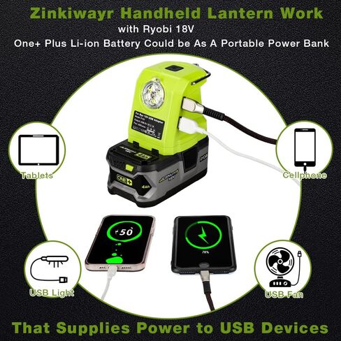 محول بطارية USB P743 مصدر طاقة محمول مع ضوء عمل LED 420LM مع خطاف، شاحن هاتف USB مزدوج، محول USB متعدد الوظائف متوافق مع Ryobi 18V One+ بطارية ليثيوم أيون P107 P108 in Kuwait