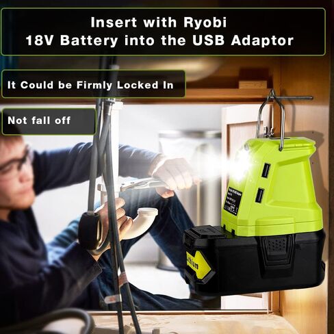 محول بطارية USB P743 مصدر طاقة محمول مع ضوء عمل LED 420LM مع خطاف، شاحن هاتف USB مزدوج، محول USB متعدد الوظائف متوافق مع Ryobi 18V One+ بطارية ليثيوم أيون P107 P108 in Kuwait