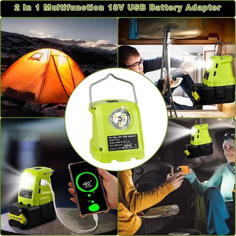 محول بطارية USB P743 مصدر طاقة محمول مع ضوء عمل LED 420LM مع خطاف، شاحن هاتف USB مزدوج، محول USB متعدد الوظائف متوافق مع Ryobi 18V One+ بطارية ليثيوم أيون P107 P108 in Kuwait