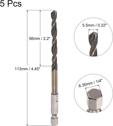 uxcell 5 Pcs High Speed Steel Hex Shank Twist Drill Bit, 5mm Drilling Dia with 1/4 Inch Hex Shank 105mm Length in Saudi Arabia