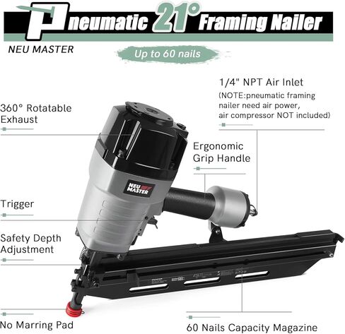 مسمار الإطار الهوائي 21 درجة من إن يو ماستر، مسدس أظافر مريح بإطار مع عمق خالٍ من الأدوات قابل للتعديل وبدون طرف لتحديد المسار، يقود الأظافر من 5.08 سم إلى 8.89 سم in Kuwait