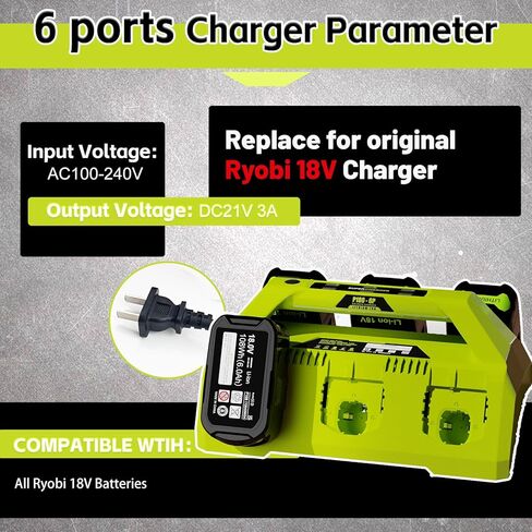 CaliHutt 【مع فتحة حائط】 استبدل 6 منافذ Chrager لشاحن P135 P117 Ryobi 18 فولت ليثيوم أيون شحن سريع مع زر اختيار الطاقة، 6 مؤشرات LED in Kuwait