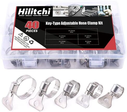 Hilitchi 40-Pcs 8-29mm Clamping Range Butterfly Key-Type Adjustable Hose Pipe Worm Gear Clamps Assortment Kit, Clamps Ideal for Plumbing, Automotive - - 304 Stainless Steel in Saudi Arabia