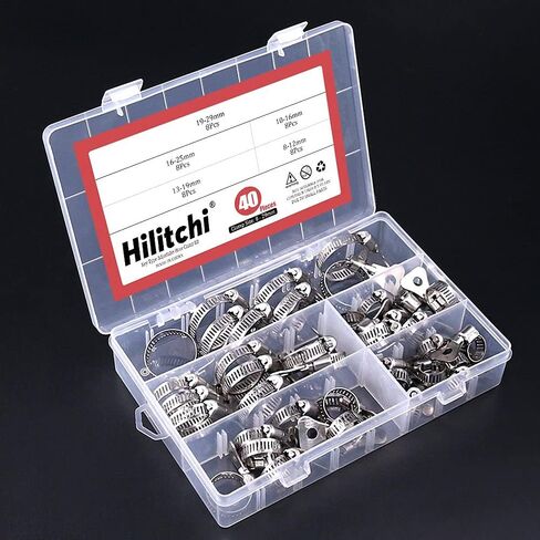 Hilitchi 40-Pcs 8-29mm Clamping Range Butterfly Key-Type Adjustable Hose Pipe Worm Gear Clamps Assortment Kit, Clamps Ideal for Plumbing, Automotive - - 304 Stainless Steel in Saudi Arabia