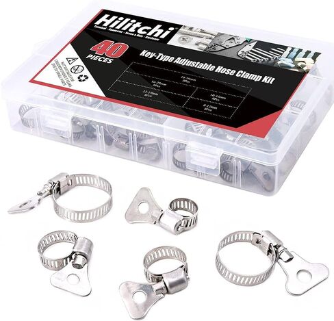Hilitchi 40-Pcs 8-29mm Clamping Range Butterfly Key-Type Adjustable Hose Pipe Worm Gear Clamps Assortment Kit, Clamps Ideal for Plumbing, Automotive - - 304 Stainless Steel in Saudi Arabia