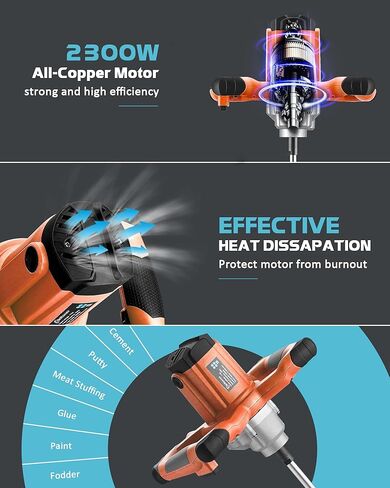 خلاط اسمنت دكينيكور، خلاط خرسانة كهربائي محمول بقوة 2300 واط، خلاط ملاط ​​محمول 110 فولت مع 6 سرعات قابلة للتعديل لخلط الأسمنت والملاط والطين والطلاء والأعلاف in Kuwait