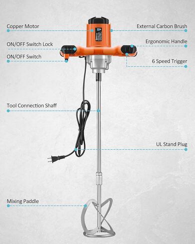 خلاط اسمنت دكينيكور، خلاط خرسانة كهربائي محمول بقوة 2300 واط، خلاط ملاط ​​محمول 110 فولت مع 6 سرعات قابلة للتعديل لخلط الأسمنت والملاط والطين والطلاء والأعلاف in Kuwait
