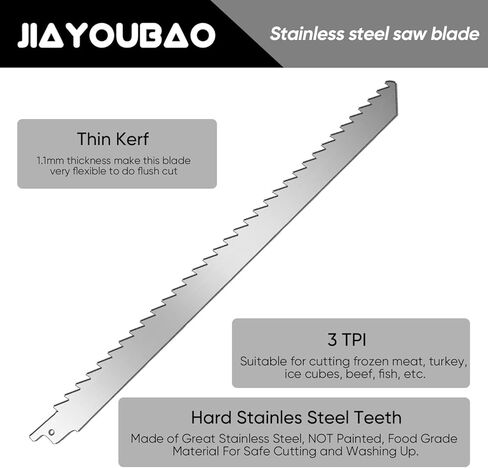 JIAYOUBAO شفرات منشار من الفولاذ المقاوم للصدأ مقاس 12 بوصة لتقطيع اللحوم 3TPI شفرات منشار ترددية ذات أسنان كبيرة غير مصبوغة للحوم المجمدة والعظام والديك الرومي ومكعبات الثلج ولحم الخنزير المقدد والأغنام ولحم البقر ومكعبات الثلج in Kuwait