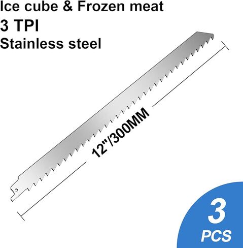 JIAYOUBAO الفولاذ المقاوم للصدأ شفرات المنشار الترددية 12 بوصة، 3TPI أسنان كبيرة غير مصبوغة لقطع الطعام، تركيا، اللحوم المجمدة، قطع العظام، لحم الخنزير المعالج، الحيوانات الكبيرة، لحم البقر، الأغنام، العظام 3 حزمة in Kuwait