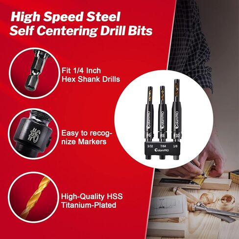 ColumPRO 3 قطع HSS المفصلي الذاتي توسيط الحفر VIX بت مجموعة، التيتانيوم تصفيح كونترسينك اليد اليسرى مجموعة لقم الحفر، باب نافذة خزانة النجارة الطيار ثقب مثقاب 3/32 "(#6)، 7/64"(#8)، 1/8" (#10) in Kuwait