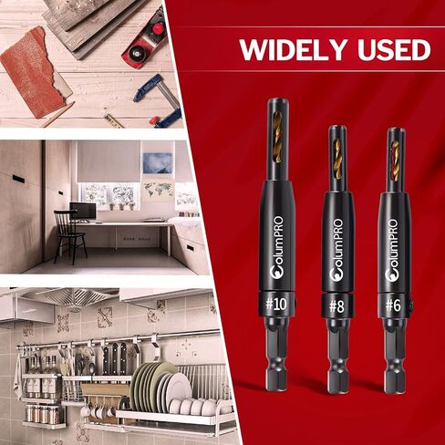 ColumPRO 3 قطع HSS المفصلي الذاتي توسيط الحفر VIX بت مجموعة، التيتانيوم تصفيح كونترسينك اليد اليسرى مجموعة لقم الحفر، باب نافذة خزانة النجارة الطيار ثقب مثقاب 3/32 "(#6)، 7/64"(#8)، 1/8" (#10) in Kuwait