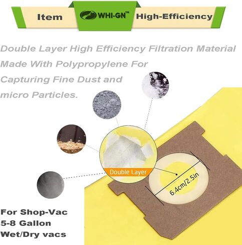 6 عبوات من أكياس Shop Vac 15-22 جالون - 90673 أكياس فلتر مكنسة كهربائية مزدوجة الطبقات من النوع J عالية الكفاءة 9067300 VF2008 + 2 عبوة من مرشح الأكمام الإسفنجية لمعظم أنواع المكانس الرطبة/الجافة ذات العلامات التجارية in Kuwait