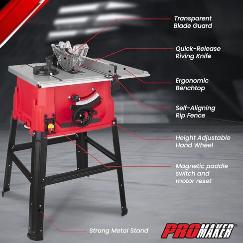 PROMAKER Table Saw, 10-inch 15.5-Amp 5000RPM 1800W, Benchtop Table Saw, from 0-45º up to 0º-90º Bevel cut. Table saw 10 inch with metal stand for woodworking including a Saw Blade. PRO-SB1800 in Kuwait