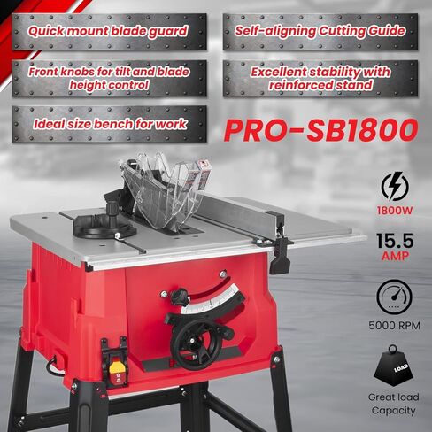 PROMAKER Table Saw, 10-inch 15.5-Amp 5000RPM 1800W, Benchtop Table Saw, from 0-45º up to 0º-90º Bevel cut. Table saw 10 inch with metal stand for woodworking including a Saw Blade. PRO-SB1800 in Kuwait