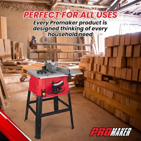 PROMAKER Table Saw, 10-inch 15.5-Amp 5000RPM 1800W, Benchtop Table Saw, from 0-45º up to 0º-90º Bevel cut. Table saw 10 inch with metal stand for woodworking including a Saw Blade. PRO-SB1800 in Kuwait