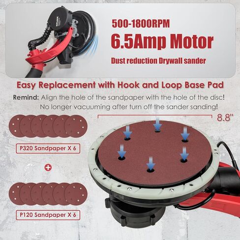 KITLUCK ماكينة صنفرة الحوائط الجافة، ماكينة صنفرة الحوائط الجافة الكهربائية بقدرة 780 وات مع ملحق فراغ، مجمع الغبار، 6 سرعات متغيرة 500-1800 دورة في الدقيقة، 12 قرص، عمود قابل للطي قابل للتمديد، ماكينة سنفرة فراغ سقف الفشار للحوائط الجافة in Kuwait