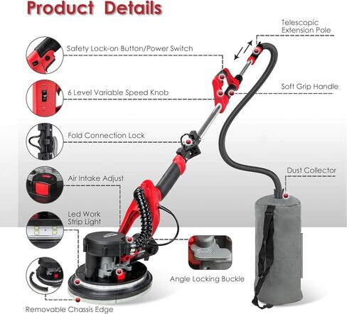 KITLUCK ماكينة صنفرة الحوائط الجافة، ماكينة صنفرة الحوائط الجافة الكهربائية بقدرة 780 وات مع ملحق فراغ، مجمع الغبار، 6 سرعات متغيرة 500-1800 دورة في الدقيقة، 12 قرص، عمود قابل للطي قابل للتمديد، ماكينة سنفرة فراغ سقف الفشار للحوائط الجافة in Kuwait