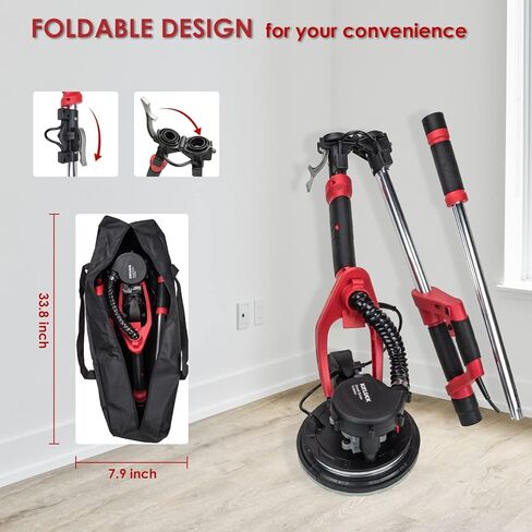 KITLUCK ماكينة صنفرة الحوائط الجافة، ماكينة صنفرة الحوائط الجافة الكهربائية بقدرة 780 وات مع ملحق فراغ، مجمع الغبار، 6 سرعات متغيرة 500-1800 دورة في الدقيقة، 12 قرص، عمود قابل للطي قابل للتمديد، ماكينة سنفرة فراغ سقف الفشار للحوائط الجافة in Kuwait