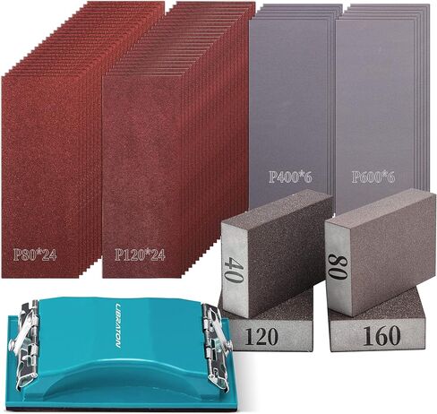 ورق صنفرة 65 قطعة، ورق صنفرة، تشكيلة ورق صنفرة 80/120/400/600 حبيبة، ورق صنفرة متنوع للخشب، إسفنجات سنفرة، مقبض صنفرة، أوراق صنفرة ثقيلة للخشب والمعادن والصنفرة الرطبة والجافة in Kuwait