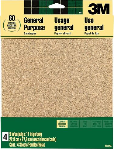 3M Sandpaper, 60 Grit, 4 Sheets, 9 in x 11 in, Sands Paint, Wood & Metal, Great For General Purpose Sanding, Coarse Aluminum Oxide Sand Paper (9003NA-20) in Kuwait