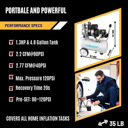 Limodot Quiet Air Compressor Portable, 70 dB, Silent and Electric for Car and Bike Tires, Nail Gun, and Pneumatic Tools, Garage, Shop, or Mechanic Accessories, 115V in Kuwait