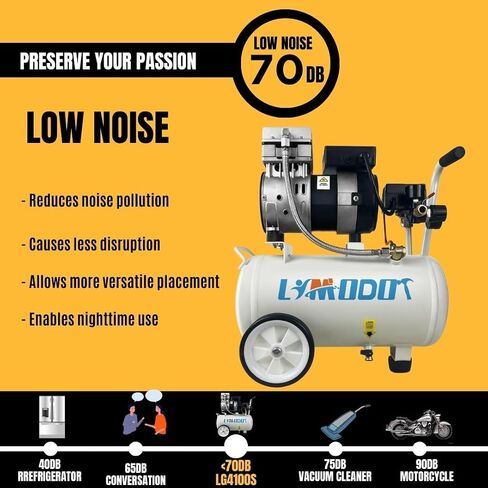 Limodot Quiet Air Compressor Portable, 70 dB, Silent and Electric for Car and Bike Tires, Nail Gun, and Pneumatic Tools, Garage, Shop, or Mechanic Accessories, 115V in Kuwait