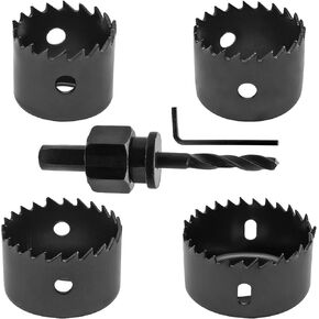 Aracombie 4PCS 1-1/4 Inch to 2-1/8 Inch Hole Saw Kit for Wood, 1.2 Inch Cutting Depth Hole Cutter Drill Bit with Mandrel, Round Hole Saw Set for Cornhole Boards Plastic Drywall Soft Metal (Black)