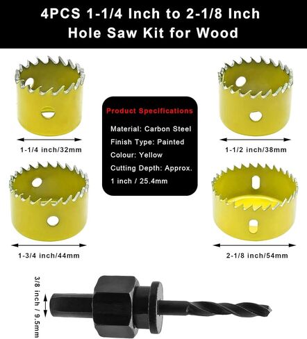 Aracombie 4PCS 1-1/4 Inch to 2-1/8 Inch Hole Saw Kit for Wood, 1.2 Inch Cutting Depth Hole Cutter Drill Bit with Mandrel, Round Hole Saw Set for Cornhole Boards Plastic Drywall Soft Metal (Black) in Saudi Arabia