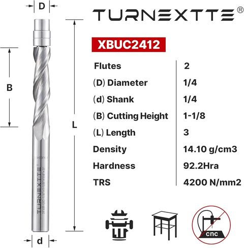 لقم توجيه Turnextte Up Cut Spiral Flush Trim، قطر القطع 1/4 بوصة وطول القطع 1-1/8 بوصة، مطحنة نهاية كربيد عرقوب 1/4 بوصة لتقليم الأعمال الخشبية in Kuwait
