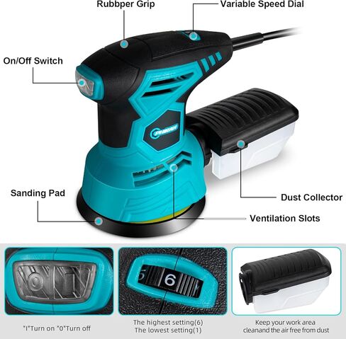 ماكينة صنفرة مدارية عشوائية PHIRAH 2.5 أمبير مع 16 قطعة من ورق الصنفرة 13000 دورة في الدقيقة 6 سرعات 300 واط ماكينة سنفرة كهربائية مدارية عشوائية قوية 5 بوصات أداة صنفرة يدوية نظام جمع الغبار عالي الأداء in Kuwait