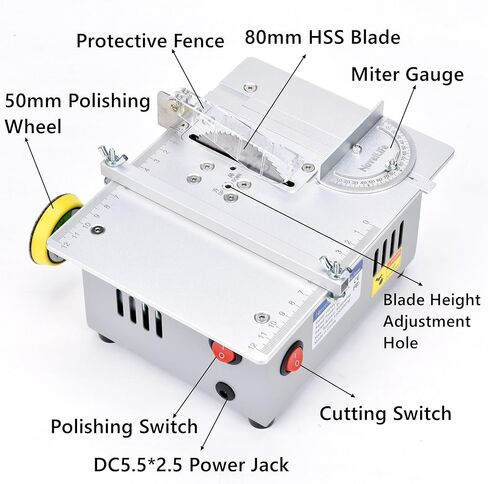 منشار طاولة هواية صغير من NovelLife مع مقياس ميتري، شفرة منشار دائرية من سبائك الفولاذ HSS مقاس 3 بوصة، وسادة تلميع، مصدر طاقة 96 وات للحرف اليدوية الخشبية المصنوعة يدويًا، قطع لوحة الدوائر المطبوعة in Kuwait