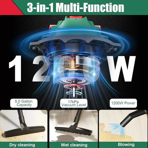 مكنسة كهربائية للرطب والجاف من هيتشيكا، سعة 5 جالون 1200 وات 6 ذروة HP من الفولاذ المقاوم للصدأ، مكنسة كهربائية رطبة وجافة، مع فلتر ومرفقات لسيارة ورشة المرآب المنزلية in Kuwait