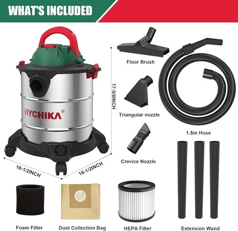 مكنسة كهربائية للرطب والجاف من هيتشيكا، سعة 5 جالون 1200 وات 6 ذروة HP من الفولاذ المقاوم للصدأ، مكنسة كهربائية رطبة وجافة، مع فلتر ومرفقات لسيارة ورشة المرآب المنزلية in Kuwait