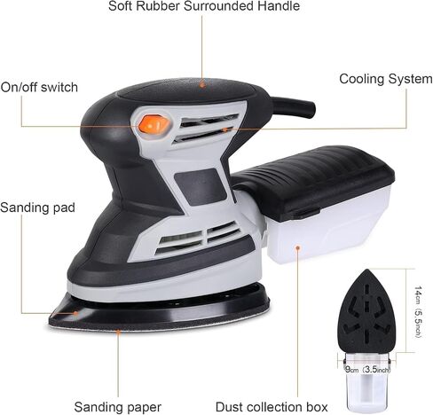 PioneerWorks Detail Sander 15,000 OPM Compact Electric Sander with 12 Pcs Sandpapers, Efficient Dust Collector, Multi-Function Hand Sander for Professional Woodworking Jobs in Saudi Arabia
