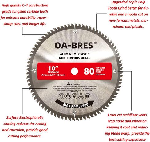 10 Inch 80T Aluminum Non-Ferrous Metal Saw Blade with 5/8-Inch Arbor, Upgrade TCG Grind in Saudi Arabia