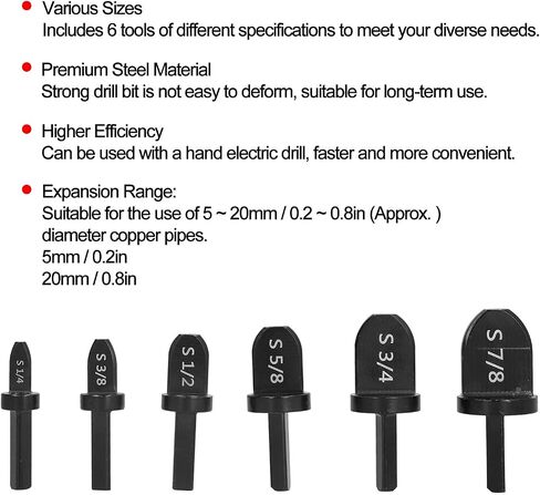 6Pcs Copper Pipe Swaging Tool Drill Bits,Professional Manual Flaring Tool Drill Bit Set 1/4 3/8 1/2 5/8 3/4 7/8 in Saudi Arabia