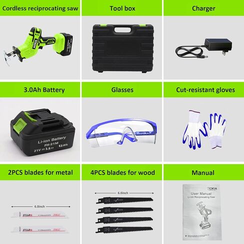 منشار كهربائي ترددي لاسلكي من أوكيا - منشار كهربائي لاسلكي 21 فولت مع بطارية وشاحن 3.0 أمبير، سرعة متغيرة 0-3000SPM، 6 شفرات منشار، منشار كهربائي لقطع الخشب/المعادن/PVC in Kuwait