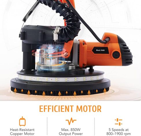 ماكينة صنفرة الحوائط الجافة الكهربائية بقوة 850 واط من ZELCAN مع مجمع غبار فراغ، ورأس دوار قابل للتمديد ومتغير 5 سرعات LED وآلة طحن حائط عالية الوضوح و12 قرص سنفرة in Kuwait
