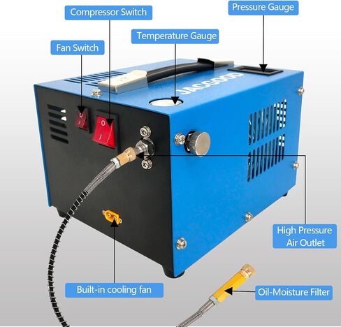 ضاغط هواء Jacgood PCP 110 فولت/12 فولت، ضاغط هواء PCP كهربائي 30 ميجا باسكال/4500 رطل لكل بوصة مربعة توقف يدوي، مضخة ضاغط هواء ذات جهد عالي 350 وات مع مروحة مدمجة. in Kuwait