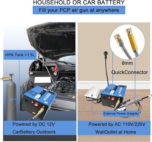 ضاغط هواء Jacgood PCP 110 فولت/12 فولت، ضاغط هواء PCP كهربائي 30 ميجا باسكال/4500 رطل لكل بوصة مربعة توقف يدوي، مضخة ضاغط هواء ذات جهد عالي 350 وات مع مروحة مدمجة. in Kuwait