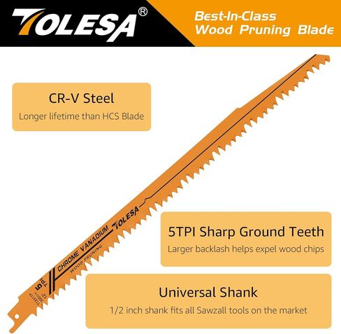 TOLESA 12 Pack CR-V Sawzall Pruning Blades 5, 6 TPI for Tree Branch Root Wood Cutting, Reciprocating Saw Blade for Professional, DIYer, Gardener(Storage Bag Included) in Kuwait