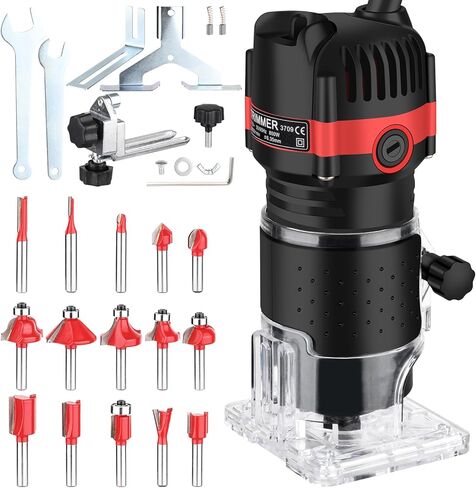 أداة توجيه، موجه خشب يدوي، موجهات خشبية 110 فولت 800 وات للأعمال الخشبية، ماكينة تشذيب حواف مدمجة 30000 دورة/دقيقة، مع لقم توجيه من كربيد التنجستن 1/4 بوصة، مجموعة مكونة من 15 قطعة in Kuwait